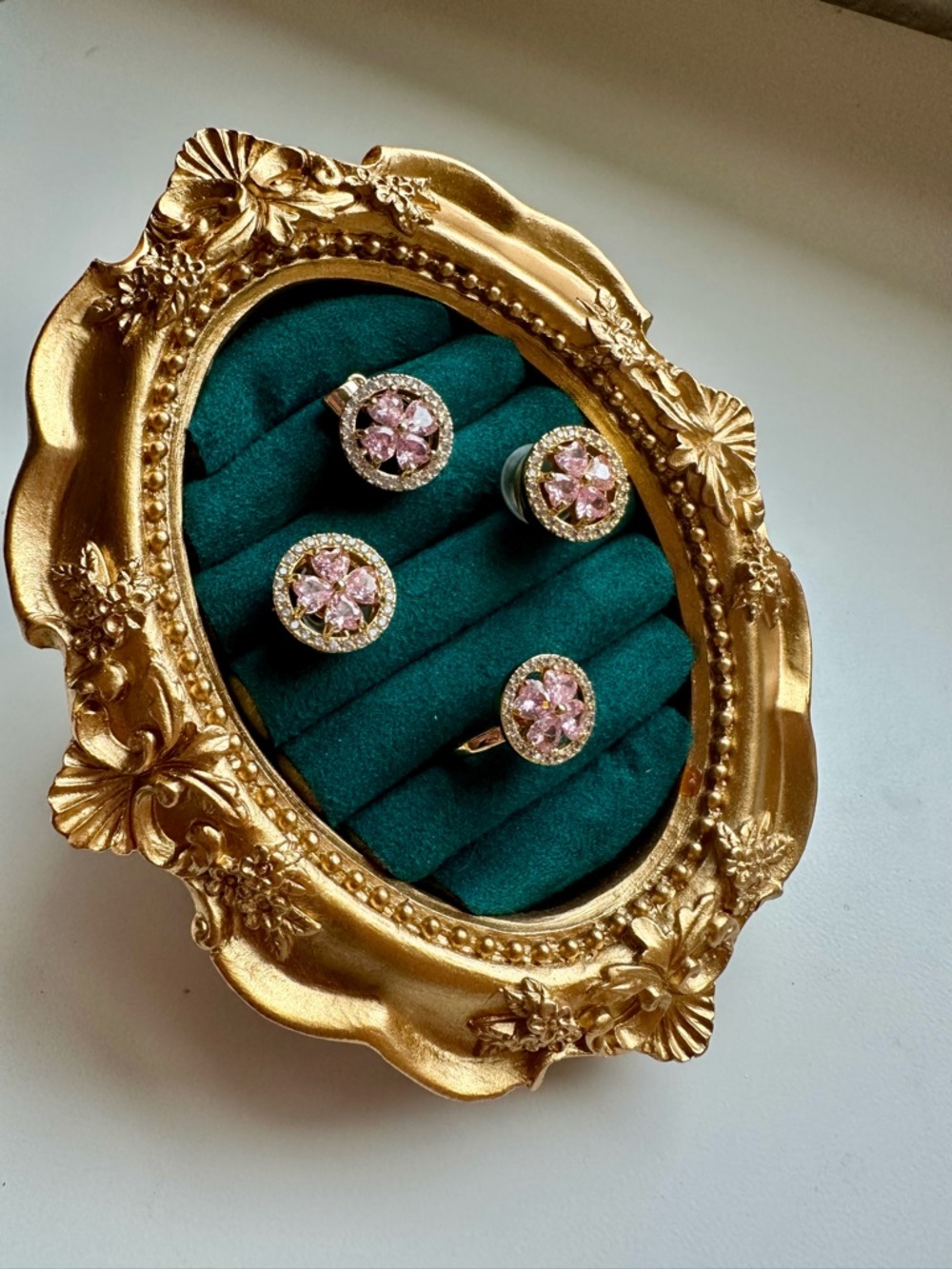 Spinning Pink Four Leaf Clover Jewelry Set Gold - Earrings, Ring, Pendant